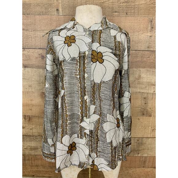 Vintage 1970’s Disco Metallic Floral Pointy Collar Shirt Size Medium Hippie - Picture 1 of 8